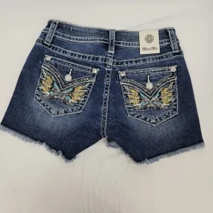 Miss Me embroidered rhinestone bling raw midrise hem shorts size 26