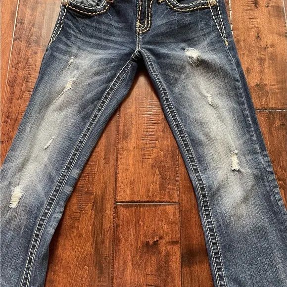 Miss Me Rhinestone‎ embroidered boot cut denim jeans, size 26.