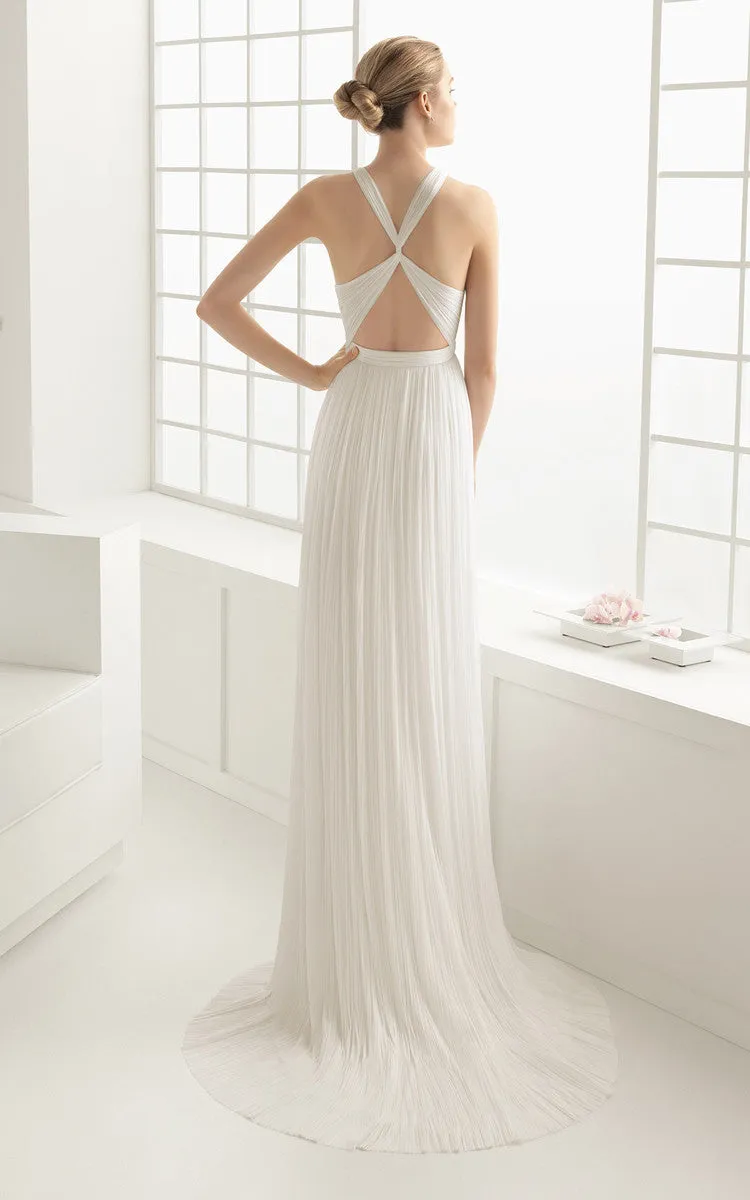 Modest Simple Sheath Halter Neck White Wedding Dress Summer Flowy Cross Back Floor Length Bridal Gown with Pleats