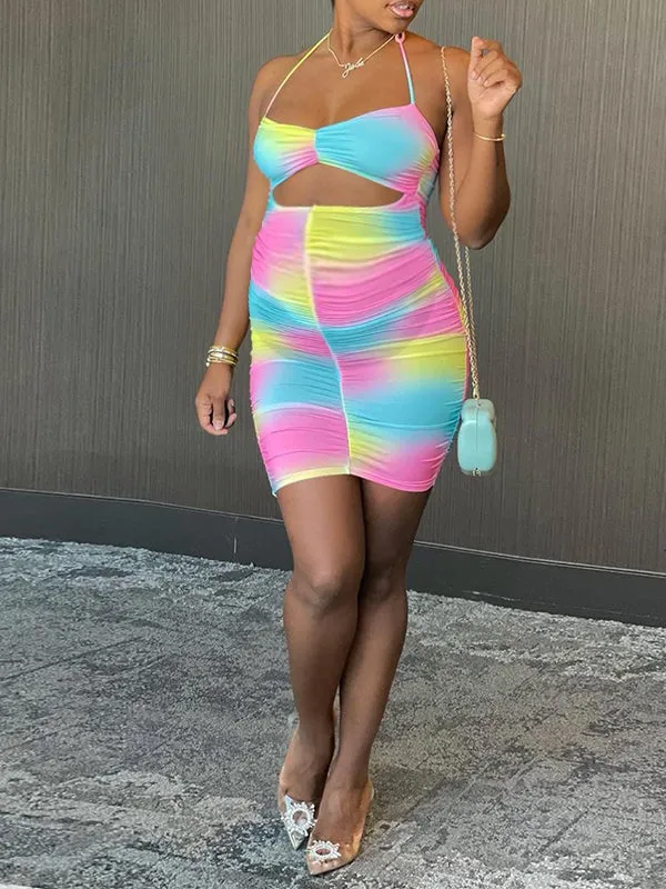 Momnfancy Spaghetti Strap Cut Out Tie Dye Cascading Ruffle Bodycon Gender Reveal Dress Plus Size Baby Shower Maternity Mini Dress