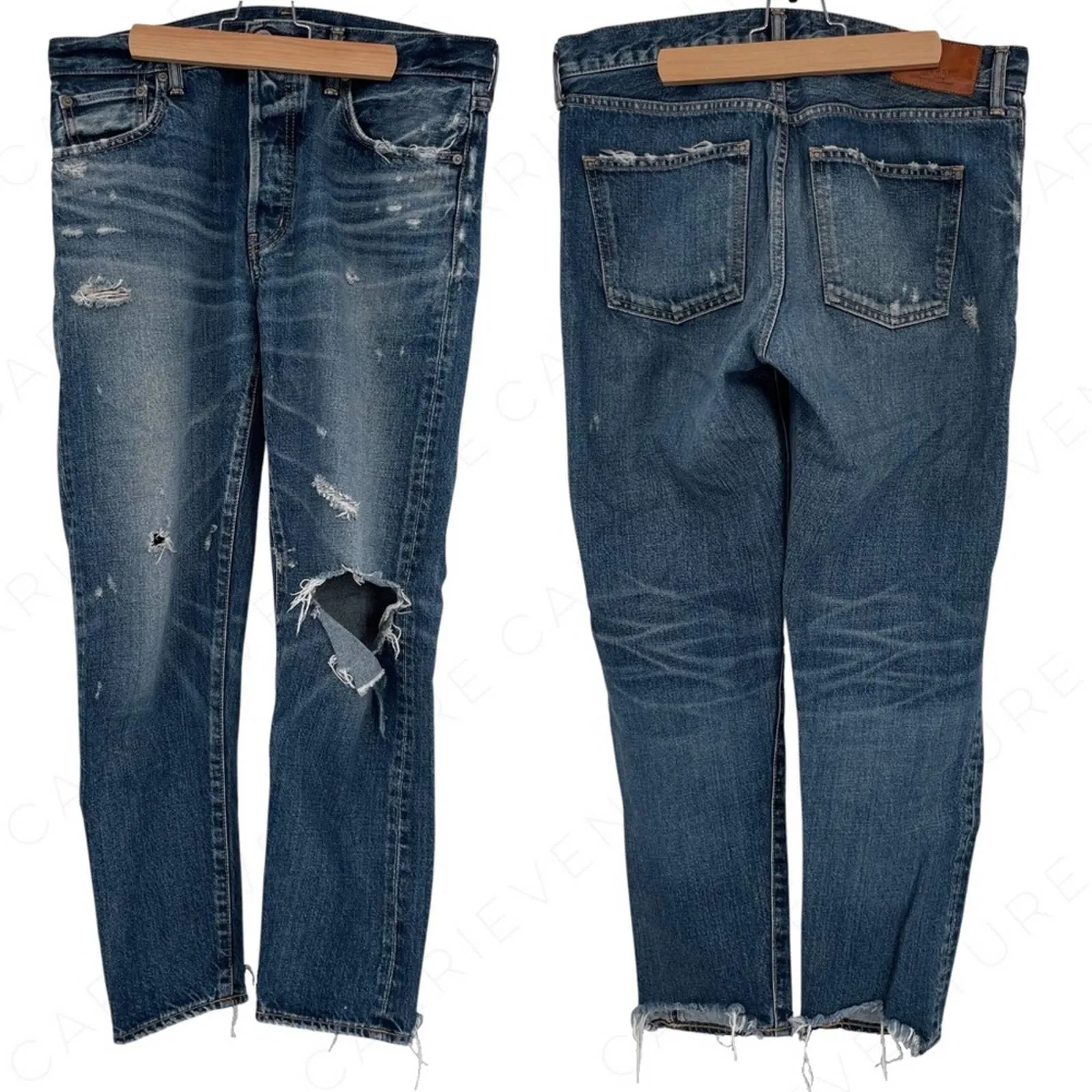 Moussy Denim Premium Distressed Mid Blue Jeans Rips Chewed Hems Style 010AAC11-2690 Size 29