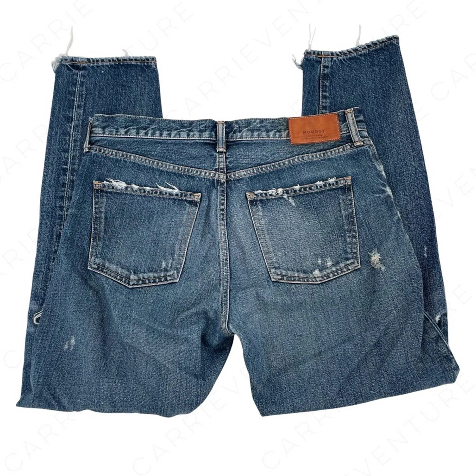 Moussy Denim Premium Distressed Mid Blue Jeans Rips Chewed Hems Style 010AAC11-2690 Size 29