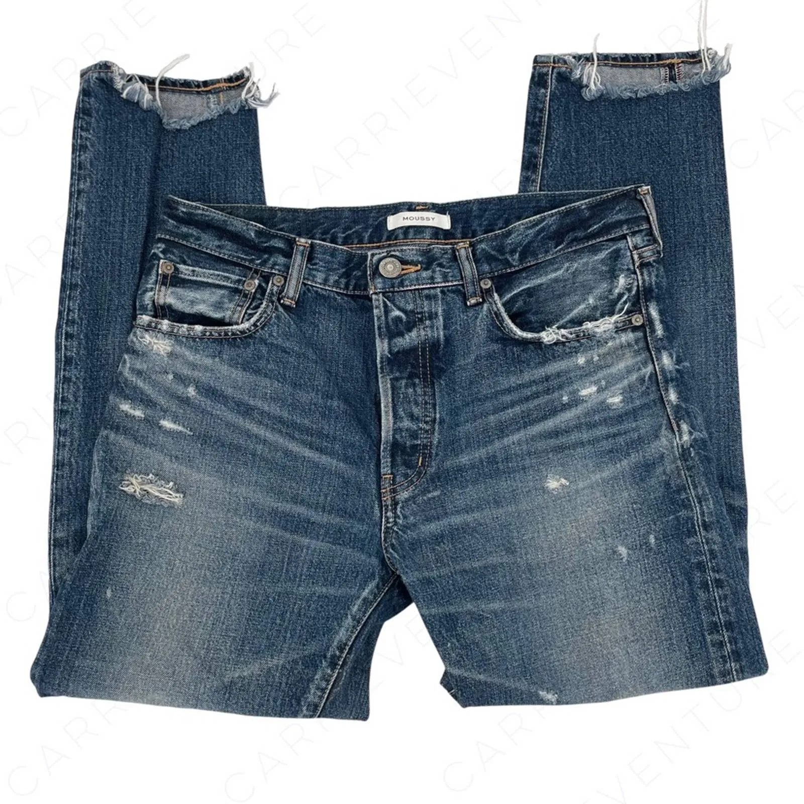 Moussy Denim Premium Distressed Mid Blue Jeans Rips Chewed Hems Style 010AAC11-2690 Size 29
