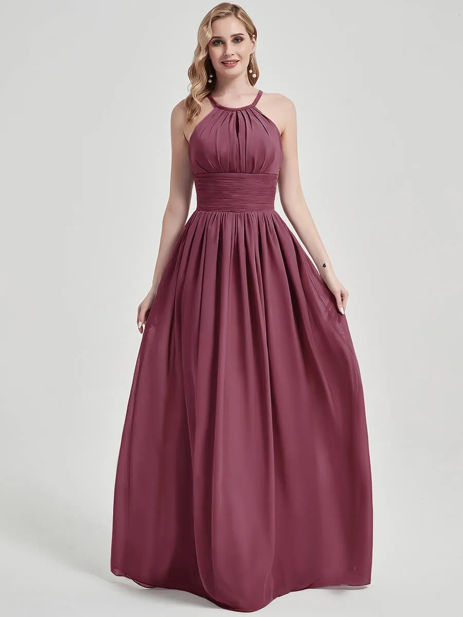 Mulberry Pleated Halter Sleeveless A-Line Chiffon Bridesmaid Dress