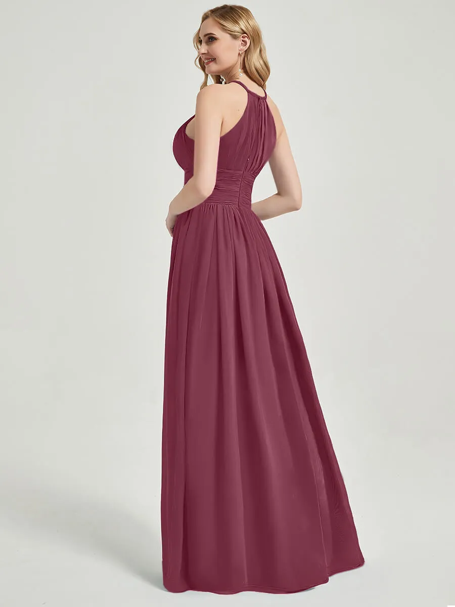 Mulberry Pleated Halter Sleeveless A-Line Chiffon Bridesmaid Dress