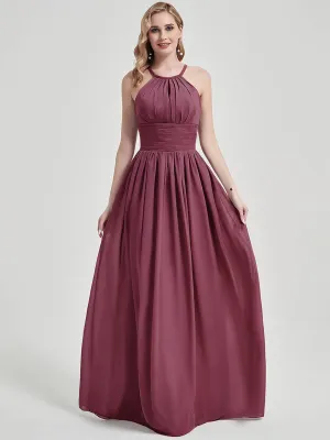 Mulberry Pleated Halter Sleeveless A-Line Chiffon Bridesmaid Dress