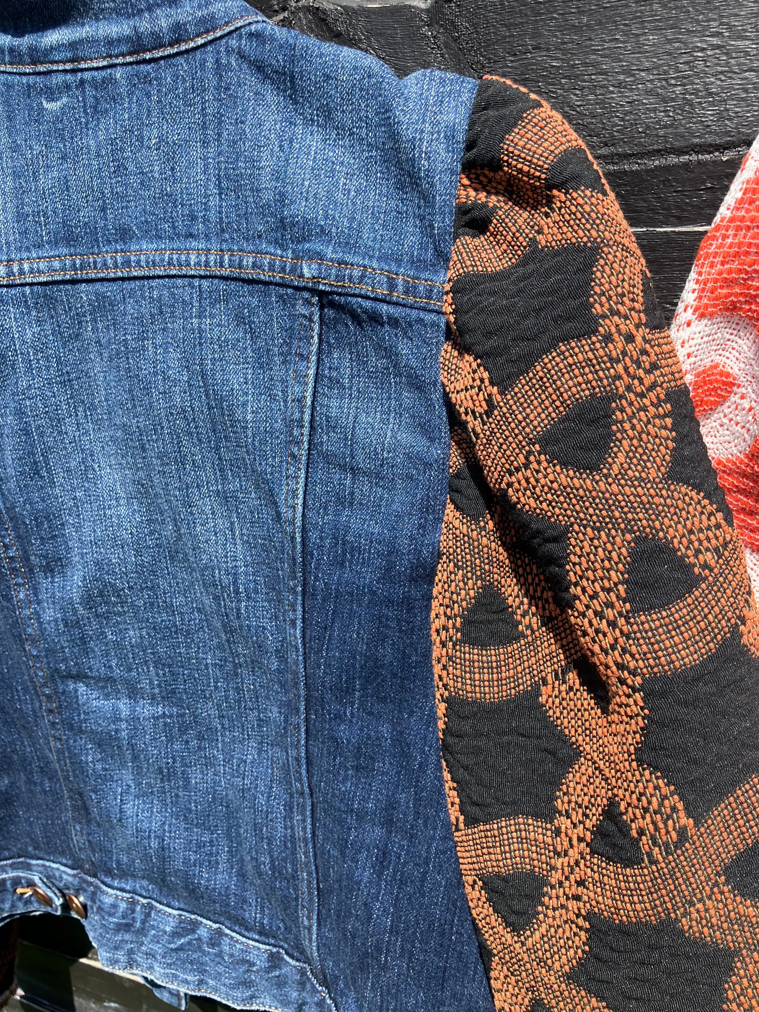 MY collection: Denim repurposed jacket with black and rust jacquard sleeves
