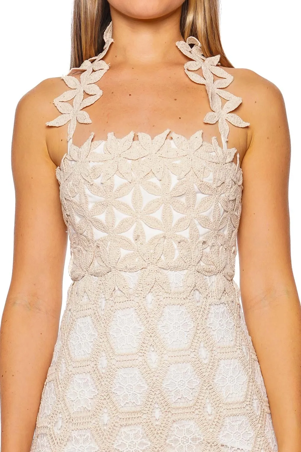 Natural Floral Crochet Midi Dress