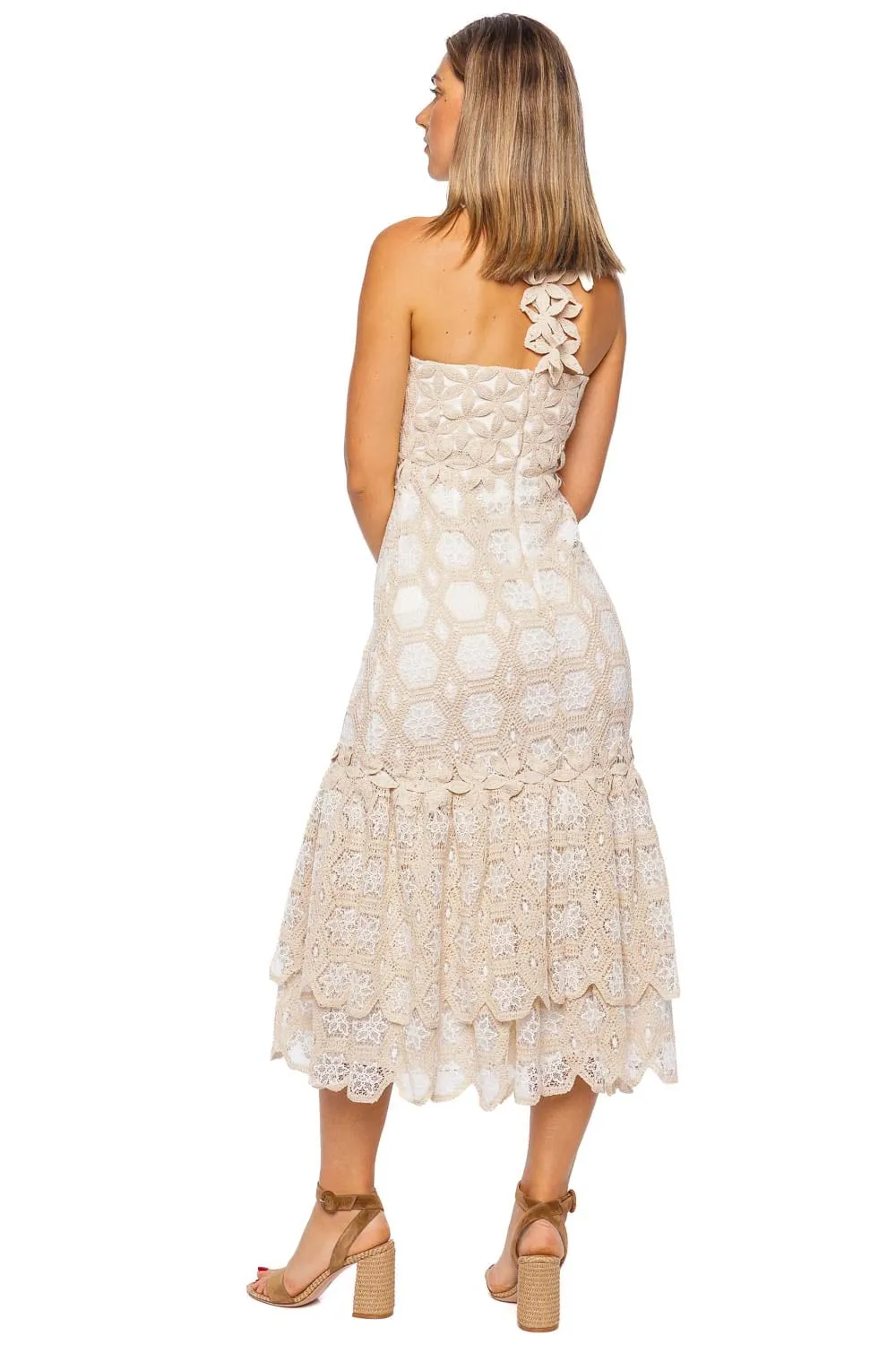 Natural Floral Crochet Midi Dress