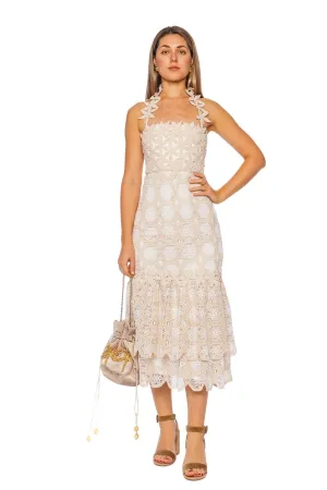 Natural Floral Crochet Midi Dress