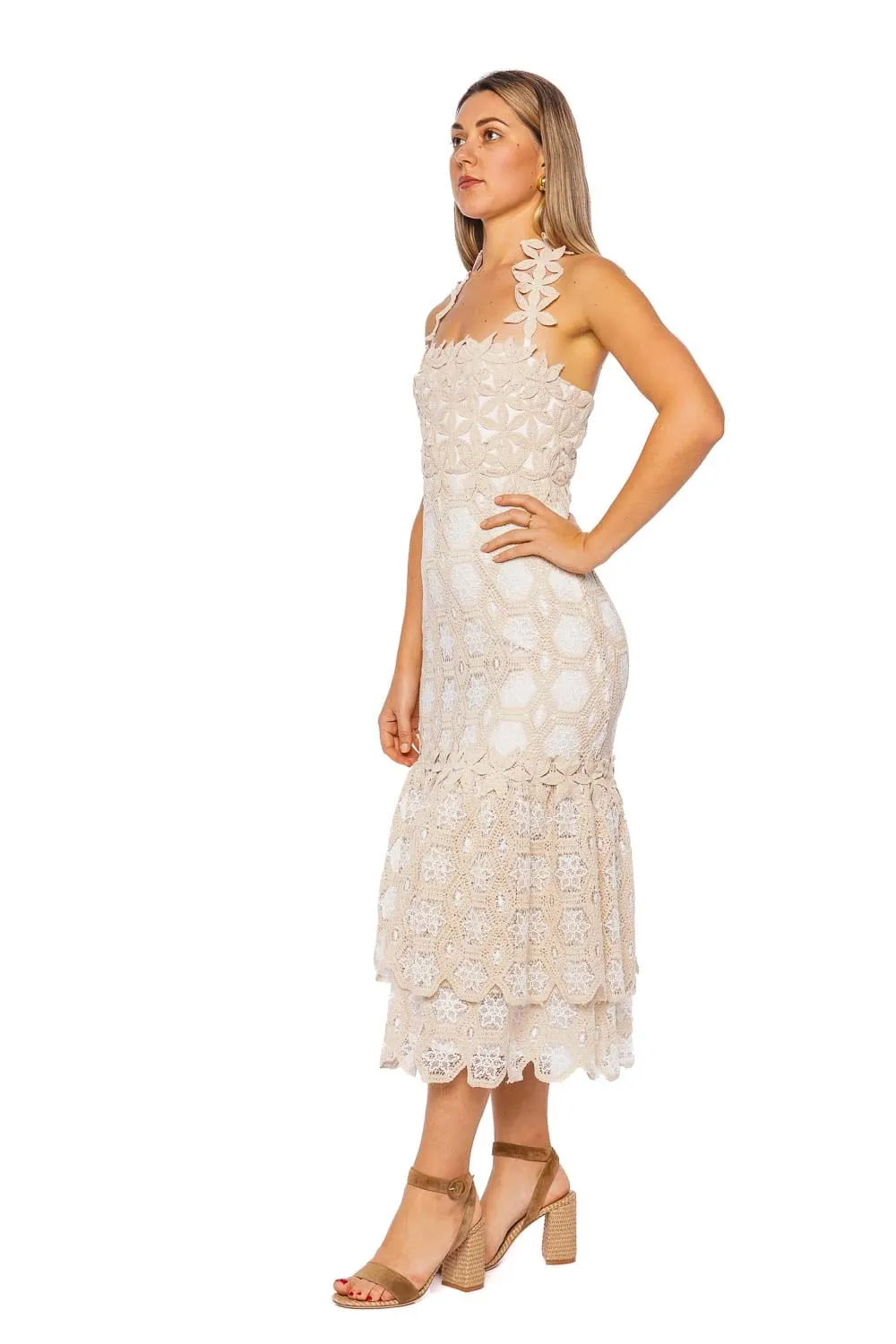Natural Floral Crochet Midi Dress