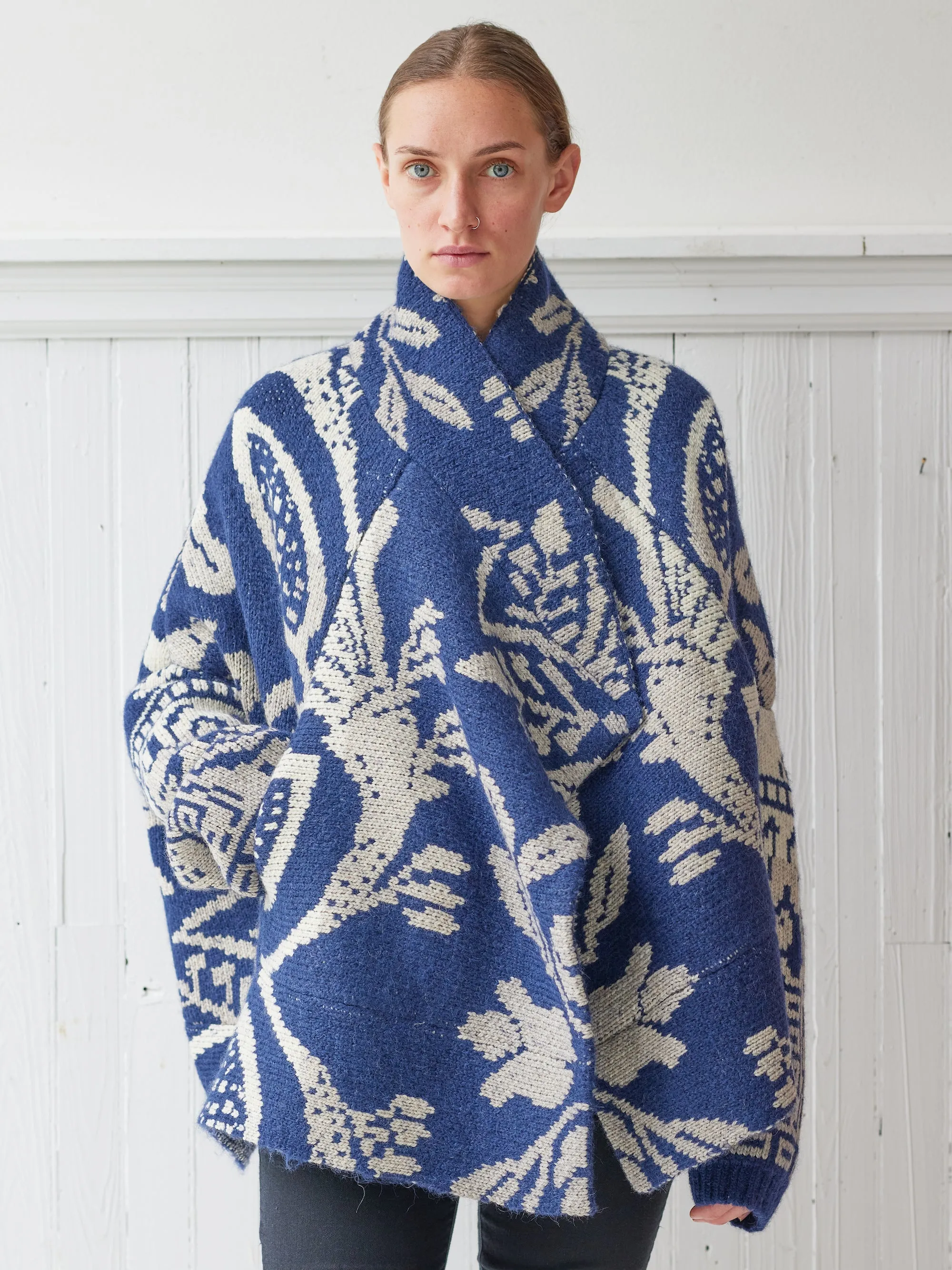 navy and off white coverlet cardigan