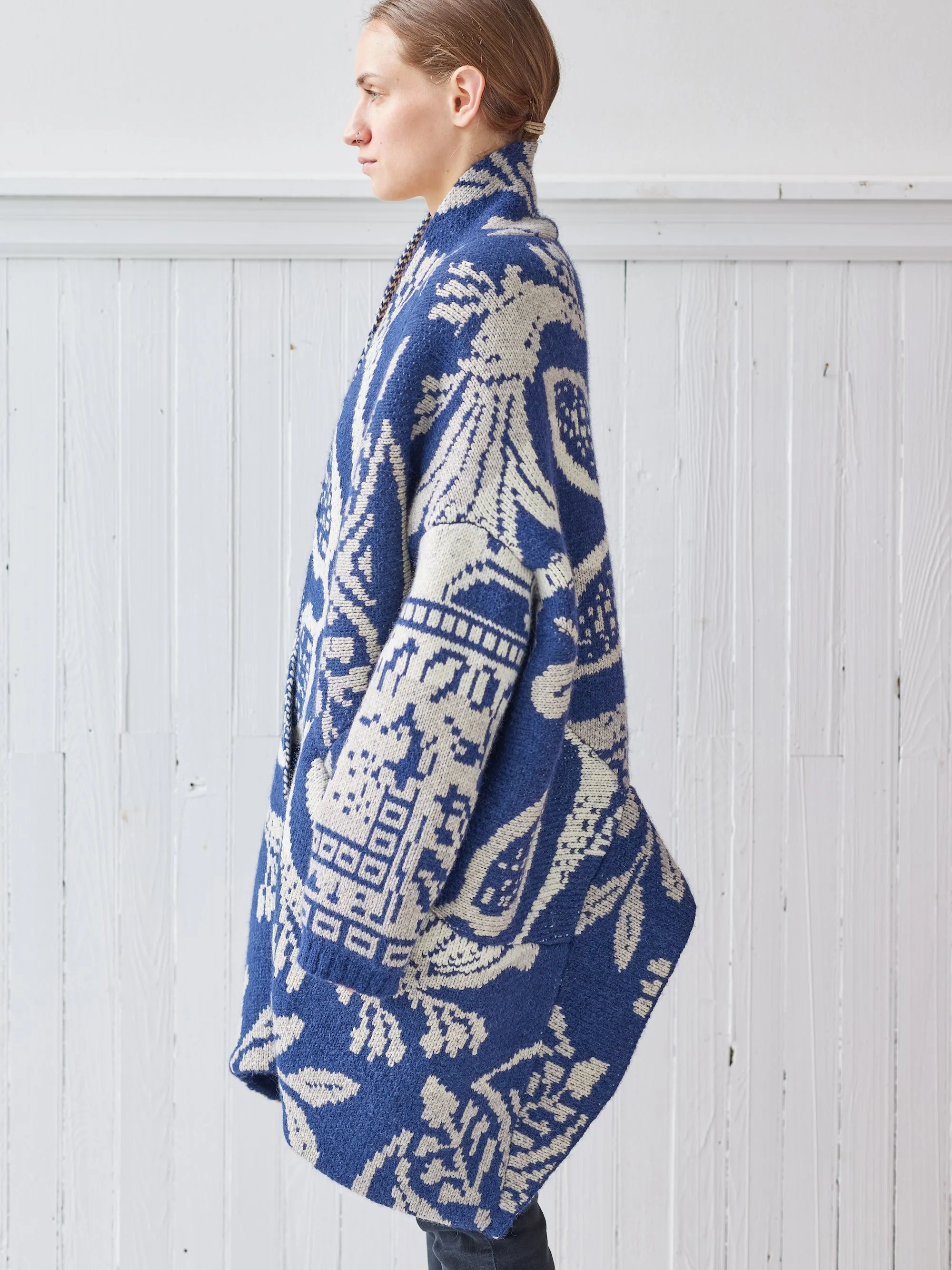 navy and off white coverlet cardigan