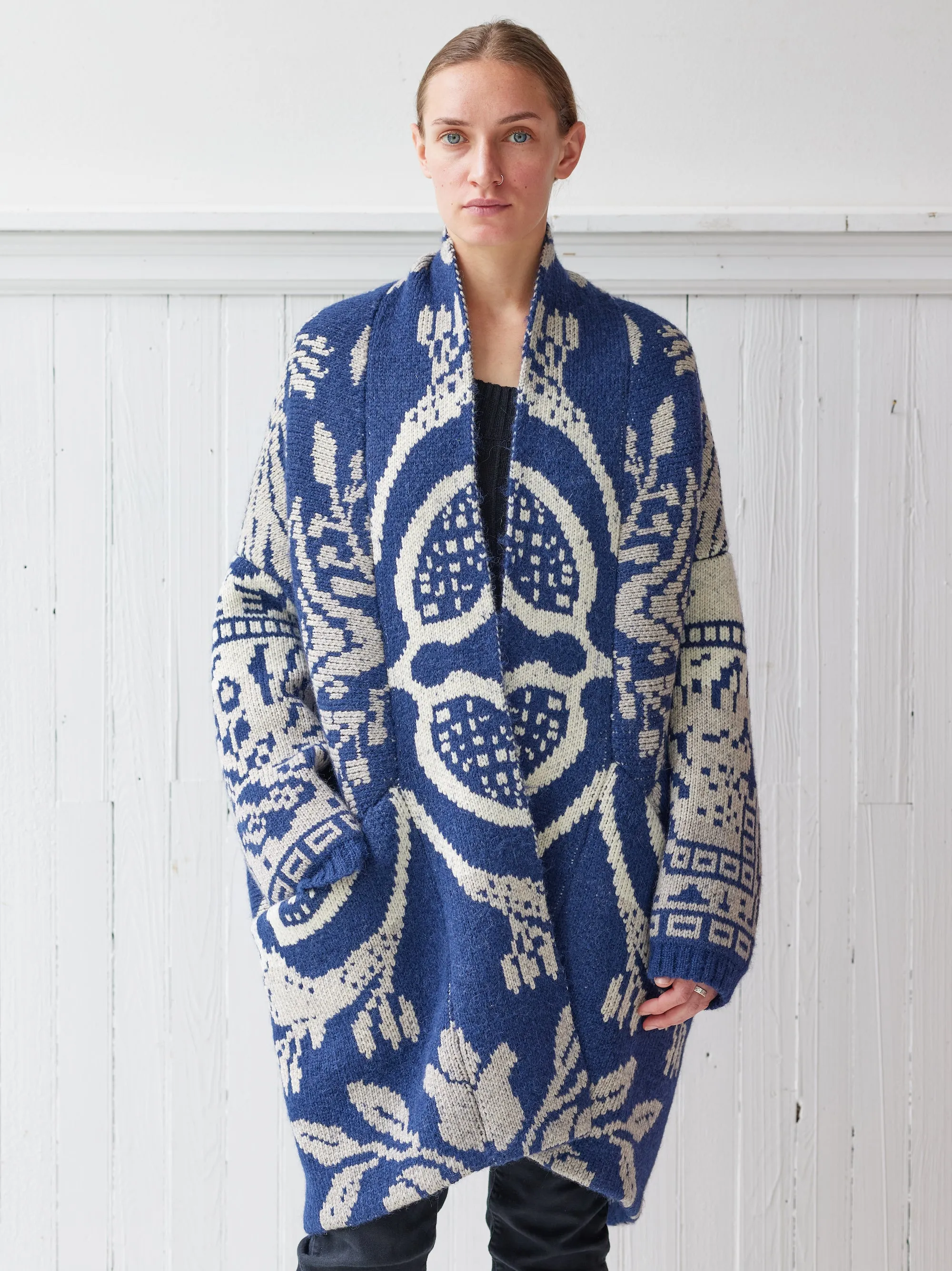 navy and off white coverlet cardigan