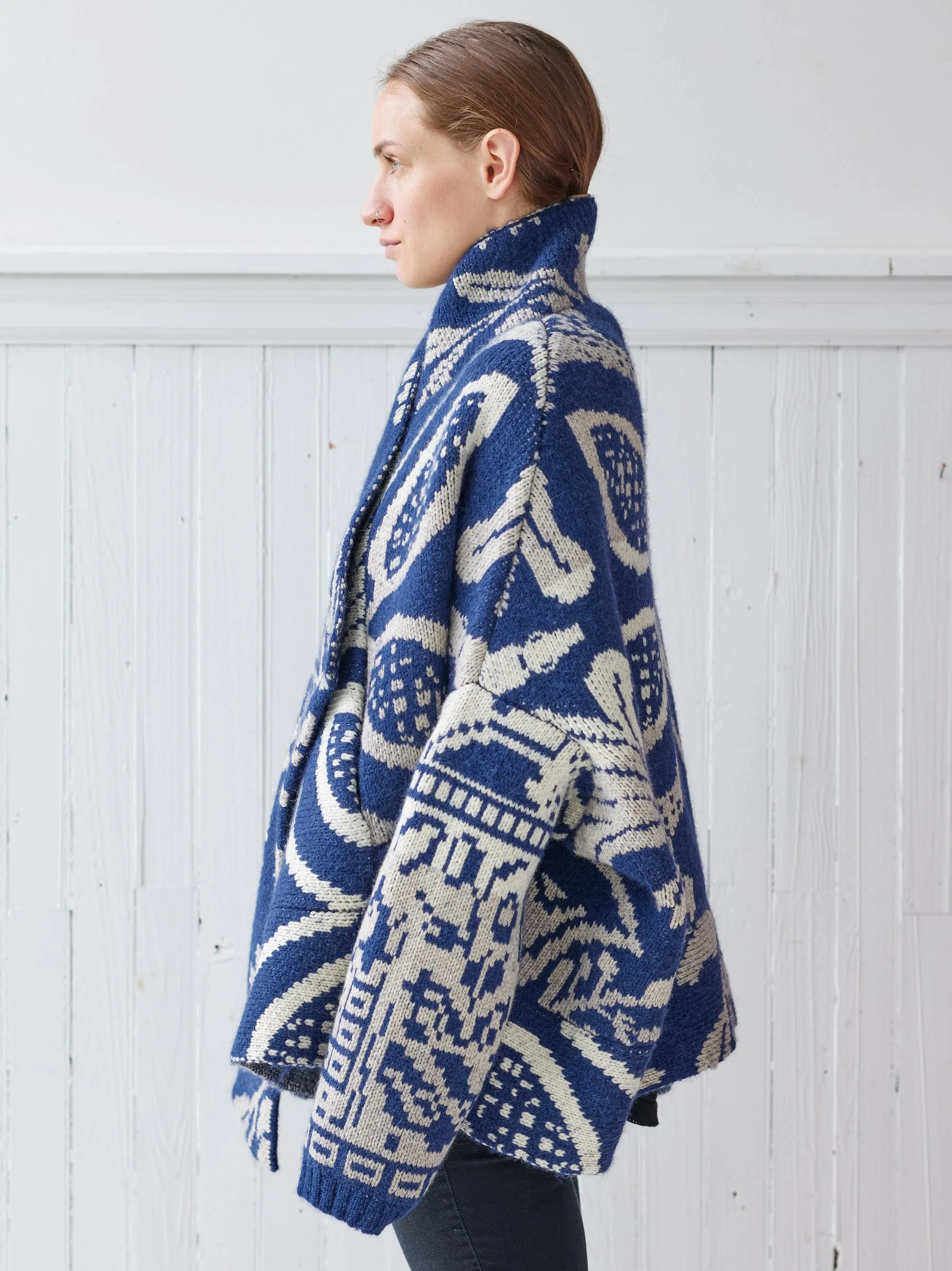 navy and off white coverlet cardigan