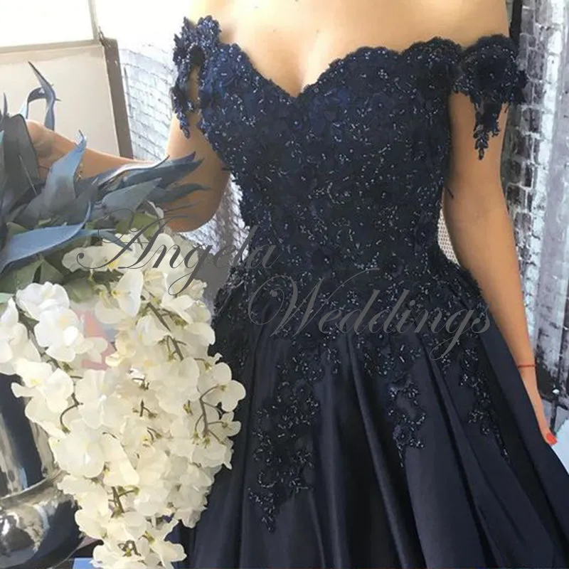 Navy Blue Satin Lace Ball Gown Prom Dresses with Flowers 2020 Collections