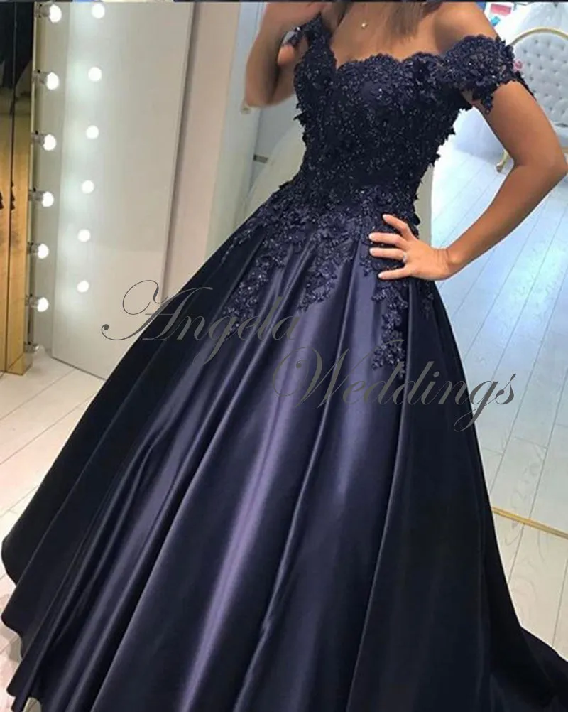 Navy Blue Satin Lace Ball Gown Prom Dresses with Flowers 2020 Collections
