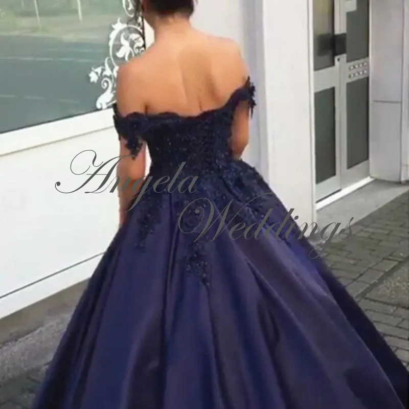 Navy Blue Satin Lace Ball Gown Prom Dresses with Flowers 2020 Collections