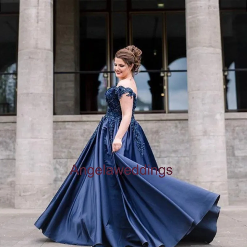 Navy Blue Satin Lace Ball Gown Prom Dresses with Flowers 2020 Collections