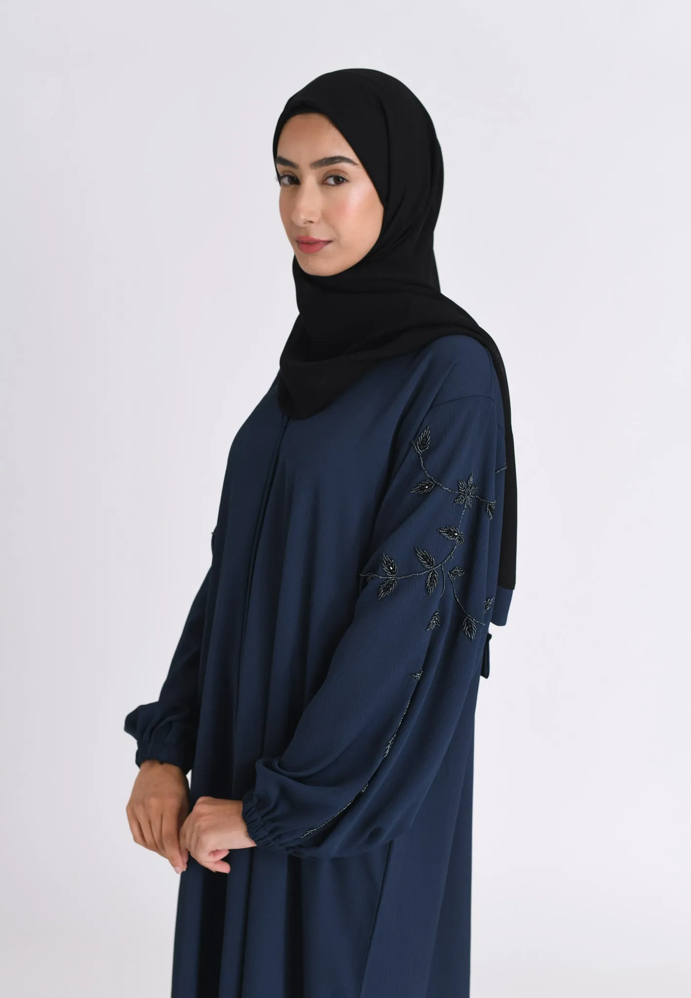 Navy Embellished Cuff Sleeves Abaya (Premium)