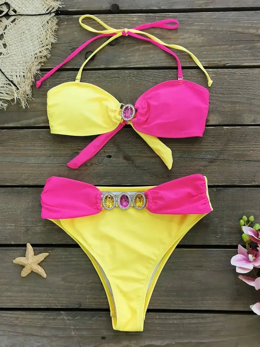 Neon Color Backless Halter Bikini Set