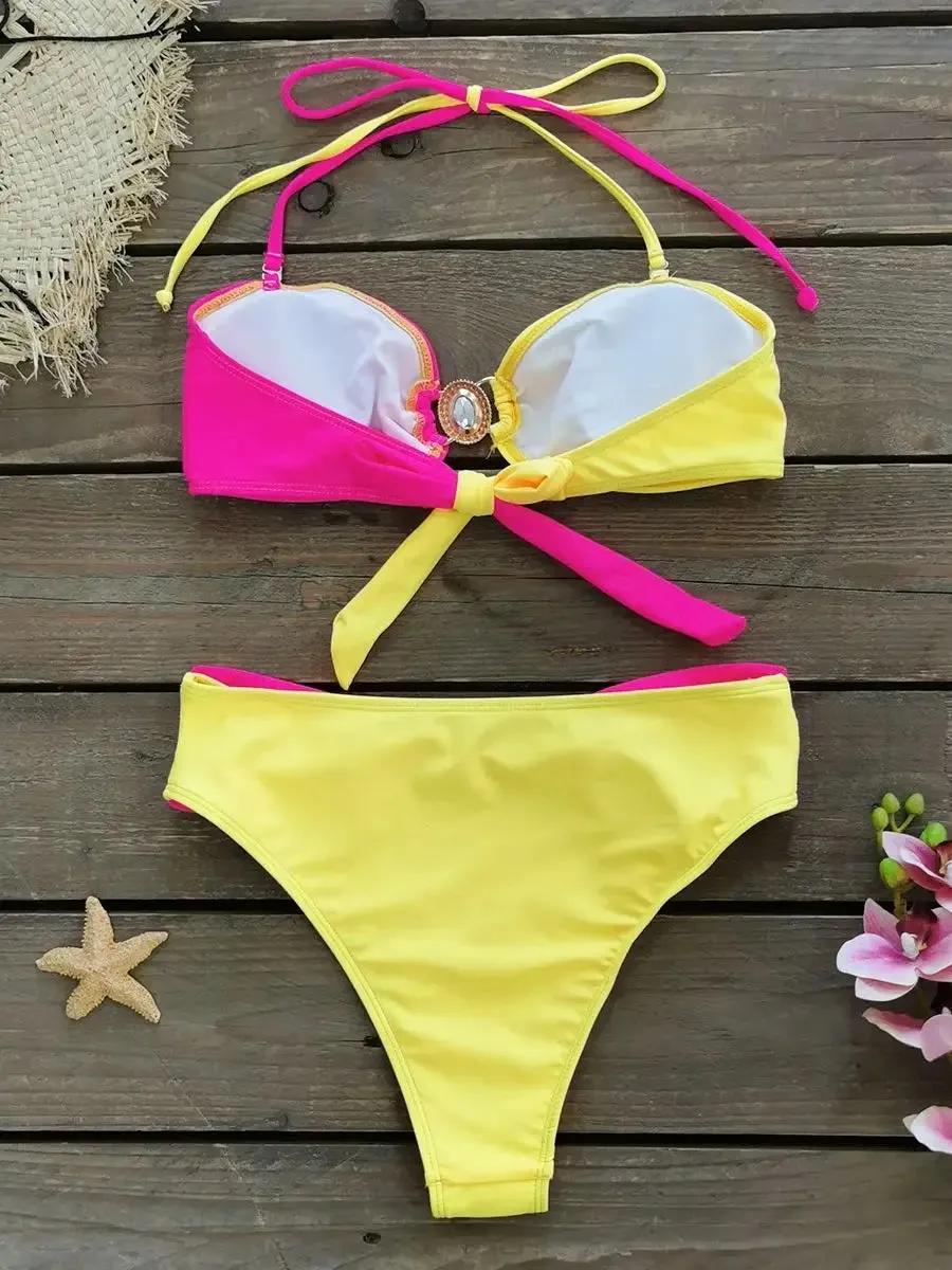 Neon Color Backless Halter Bikini Set