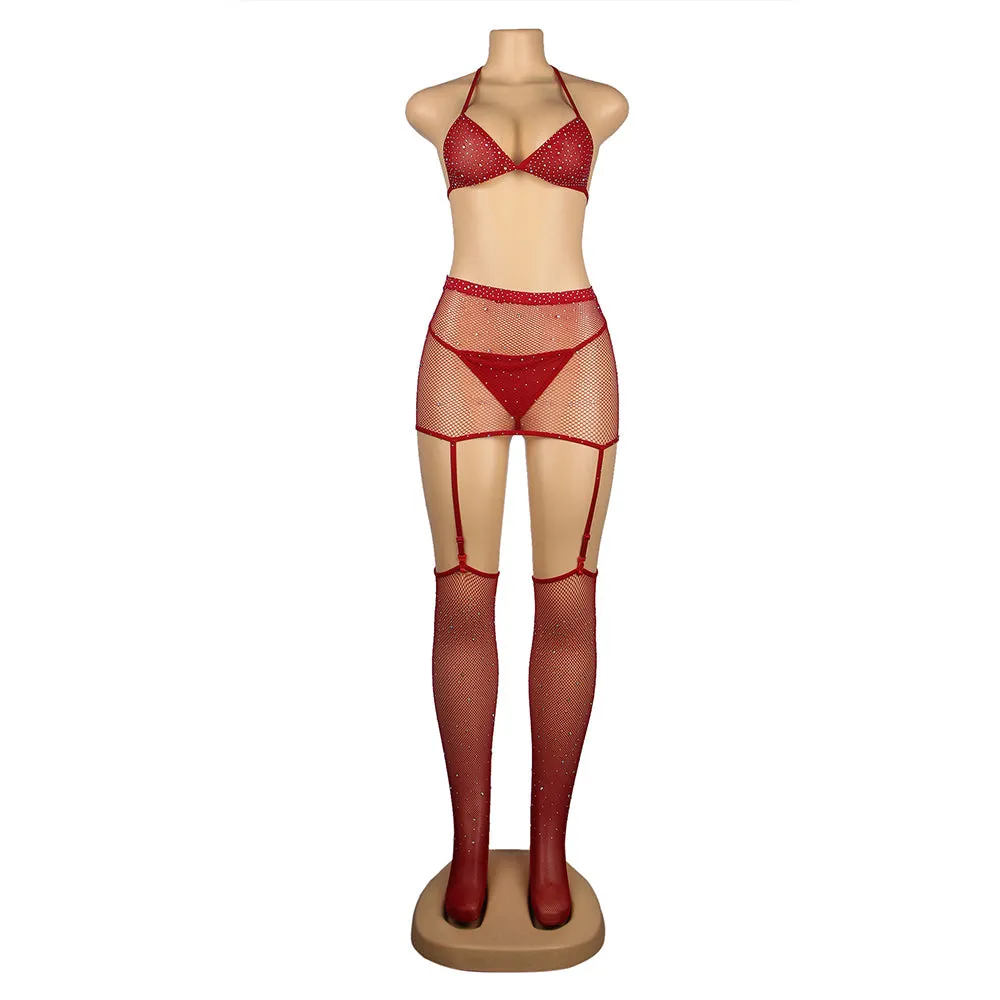 New Black & Red & Blue Sexy Diamond Fishnet Bodystocking with Gloves