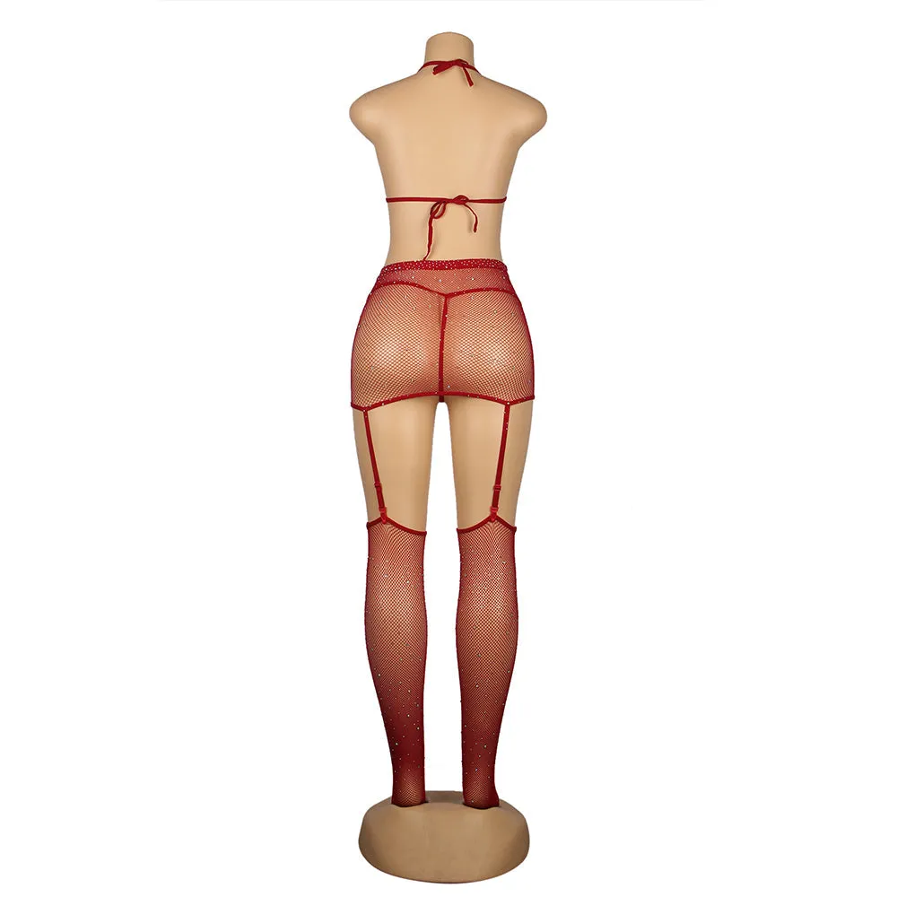 New Black & Red & Blue Sexy Diamond Fishnet Bodystocking with Gloves