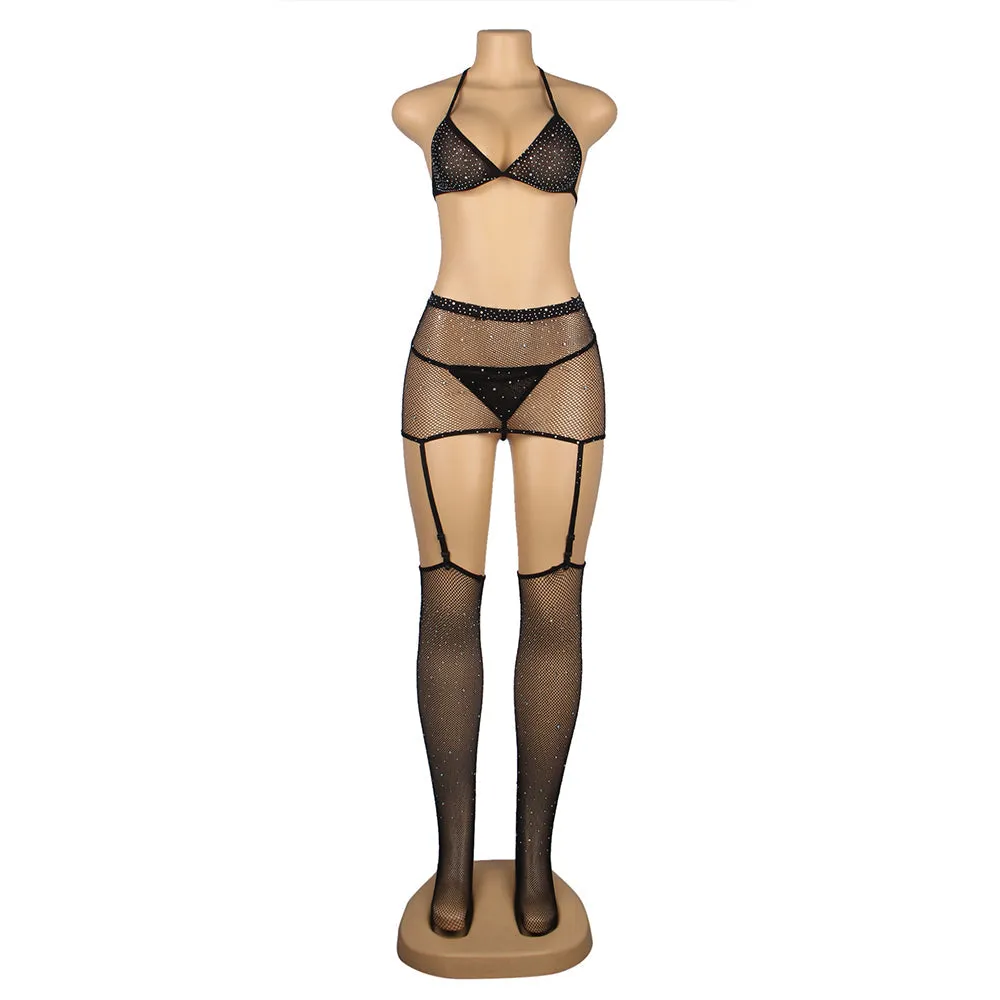 New Black & Red & Blue Sexy Diamond Fishnet Bodystocking with Gloves