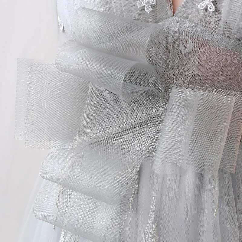 New Style A-line V Neck Tulle Prom Dresses With Applique PG627