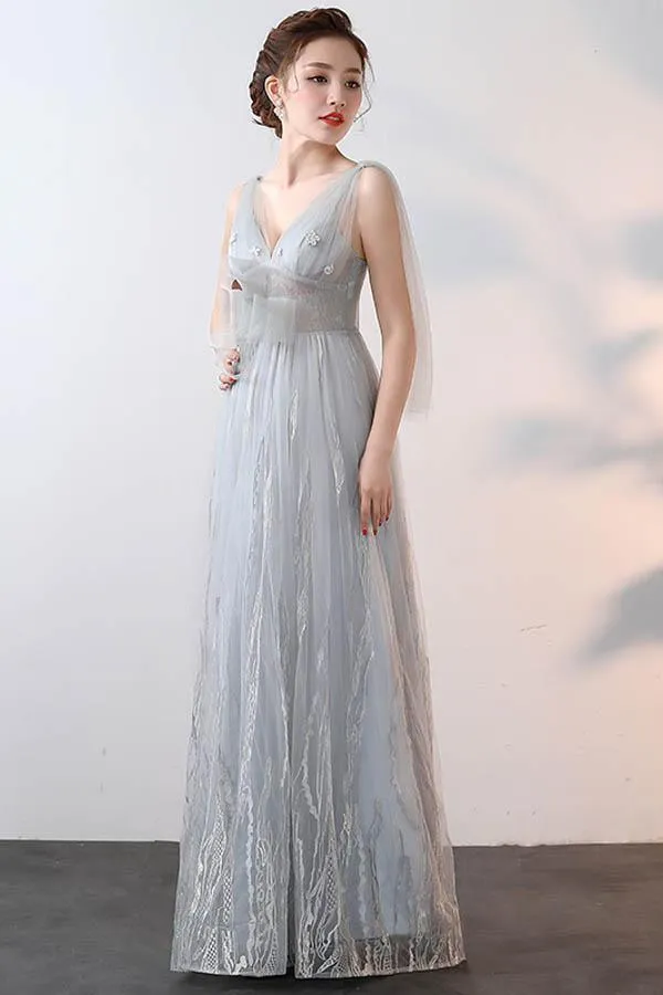 New Style A-line V Neck Tulle Prom Dresses With Applique PG627