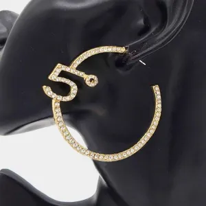No. 5 Rhinestone Embellished Gold Hoop Earrings
