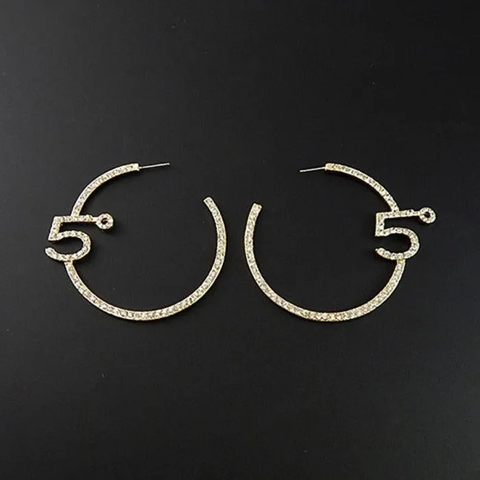 No. 5 Rhinestone Embellished Gold Hoop Earrings