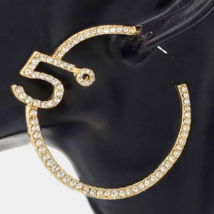 No. 5 Rhinestone Embellished Gold Hoop Earrings