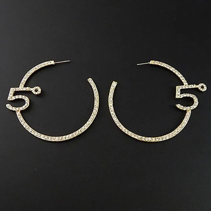 No. 5 Rhinestone Embellished Gold Hoop Earrings