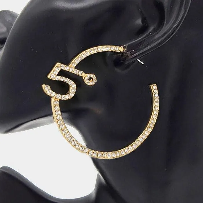 No. 5 Rhinestone Embellished Gold Hoop Earrings