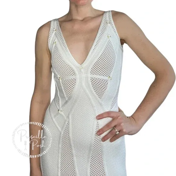 NWT Herve Leger White Gown Mesh Paneled Ivory Nude Bridal Wedding Evening small