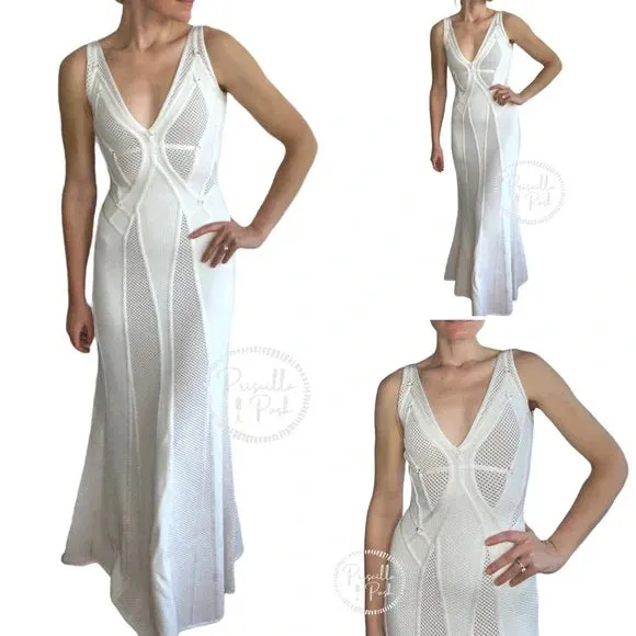 NWT Herve Leger White Gown Mesh Paneled Ivory Nude Bridal Wedding Evening small