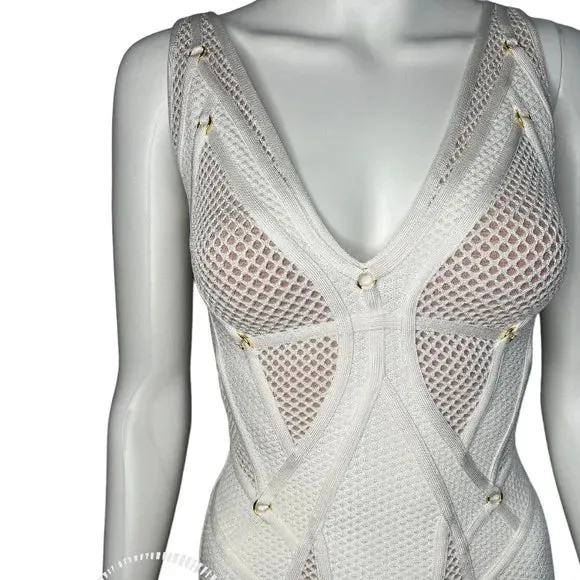 NWT Herve Leger White Gown Mesh Paneled Ivory Nude Bridal Wedding Evening small