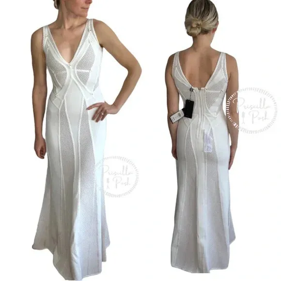 NWT Herve Leger White Gown Mesh Paneled Ivory Nude Bridal Wedding Evening small