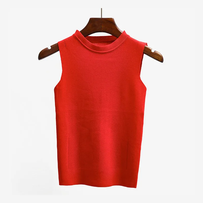 Ocean-q 9 Color Solid High Knitted Elastic Base Sleeveless Vest Ladies Halter Crochet Tank Top Women