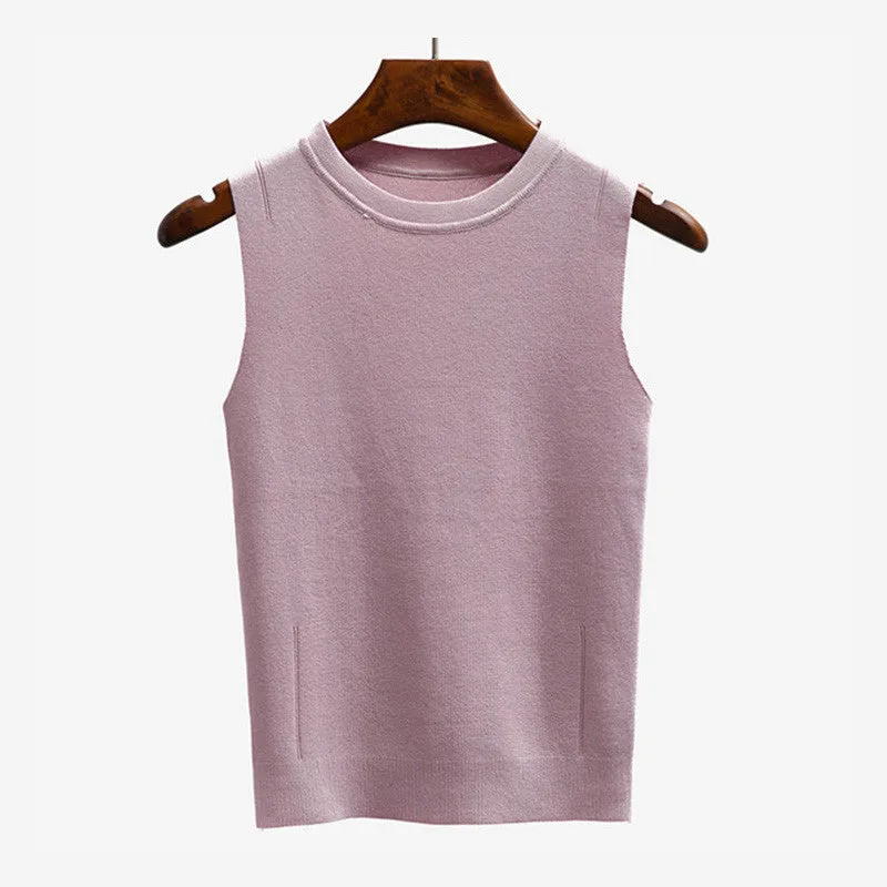 Ocean-q 9 Color Solid High Knitted Elastic Base Sleeveless Vest Ladies Halter Crochet Tank Top Women