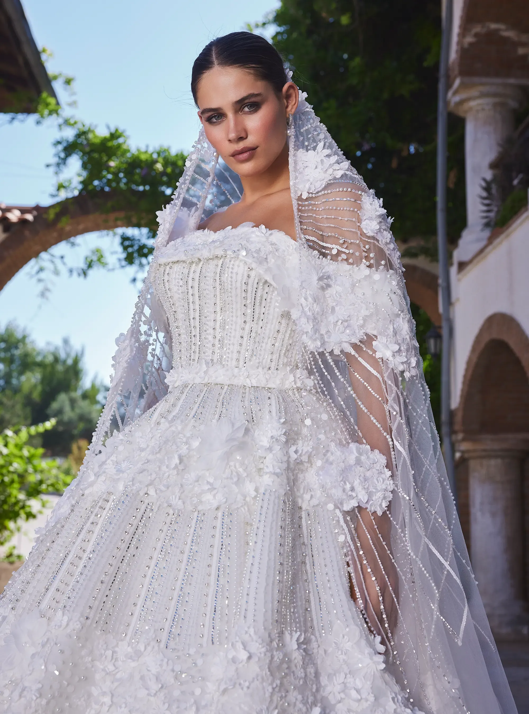 Off Shoulder Bridal Gown with Heavily Embellished Floral Embroidery