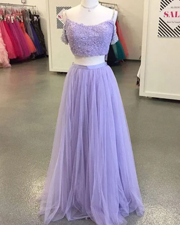 Off The Shoulder Lilac Tulle Lace Prom Dresses Appliques Beaded Long Prom Gowns 2019