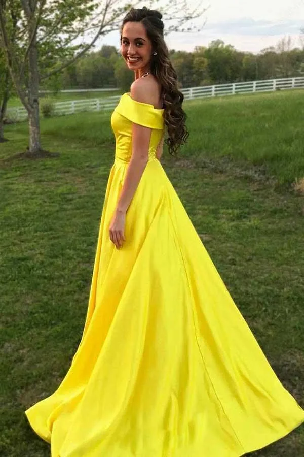 Off The Shoulder Yellow Satin Sleeveless Prom Dress with Pockets PG594