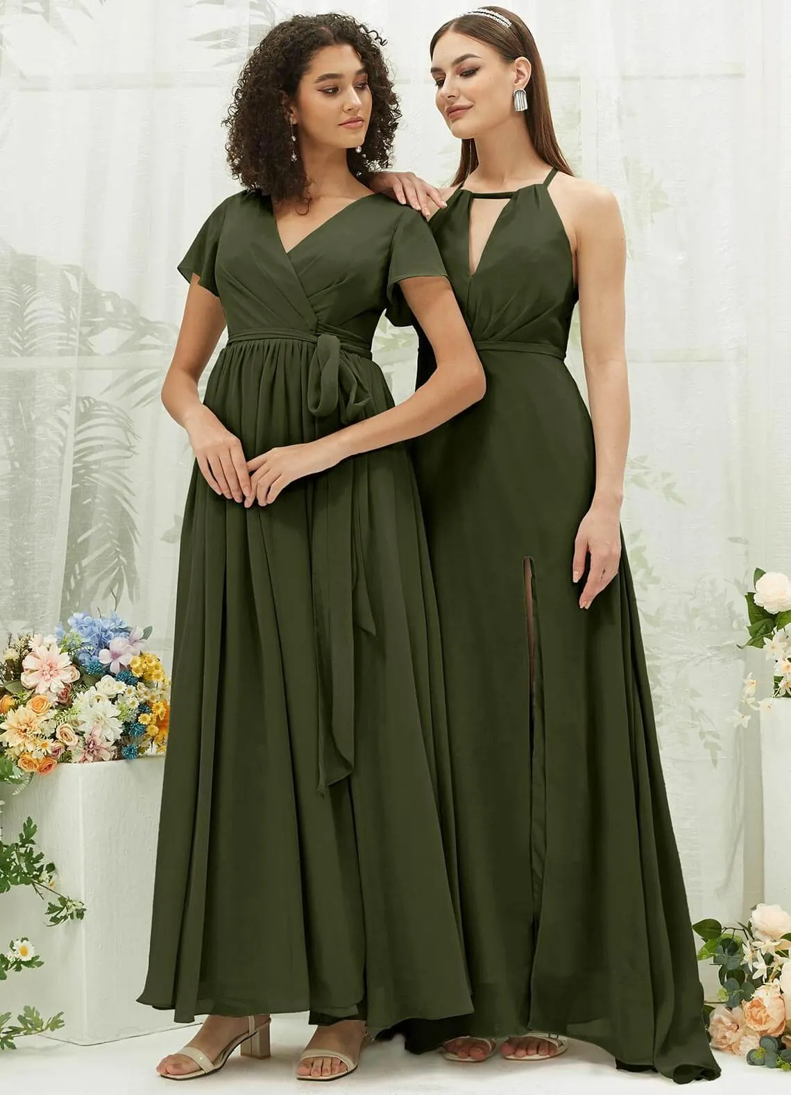 Olive Chiffon Halter V-Neck Slit  Backless Maxi Bridesmaid Dress
