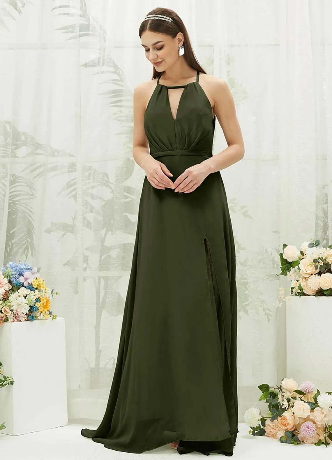 Olive Chiffon Halter V-Neck Slit  Backless Maxi Bridesmaid Dress