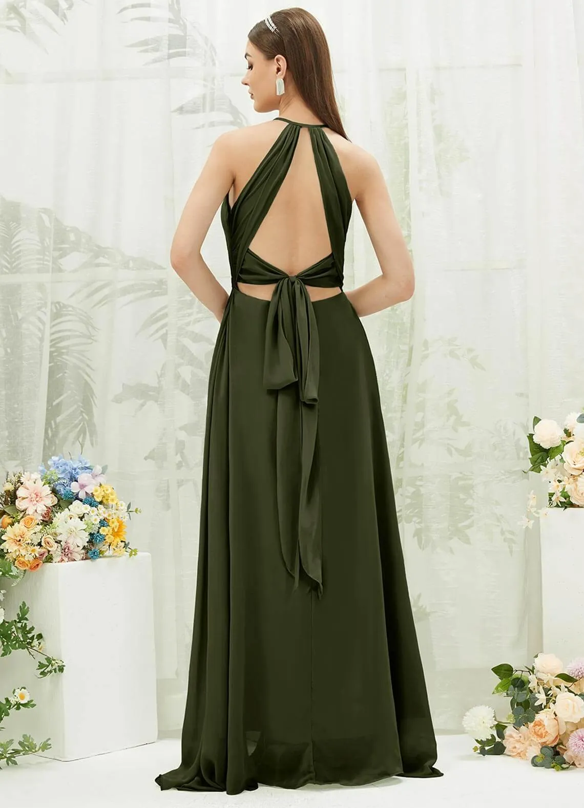 Olive Chiffon Halter V-Neck Slit  Backless Maxi Bridesmaid Dress