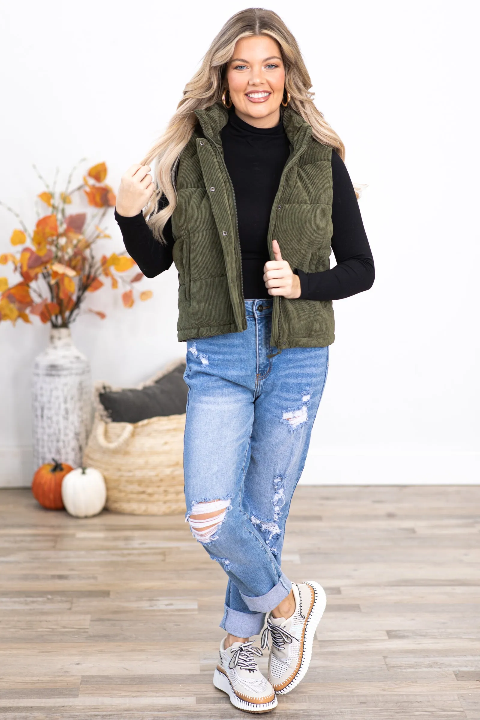 Olive Corduroy Hooded Vest
