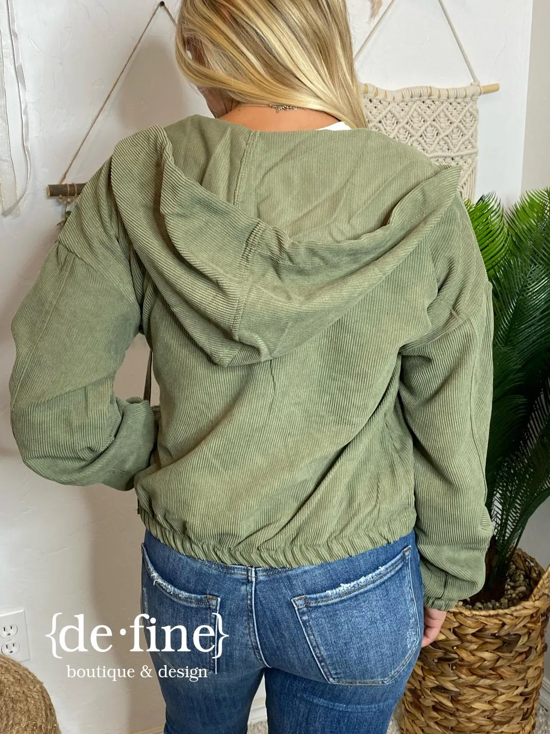 Olive Corduroy Zip Up Hooded Jacket in Curvy